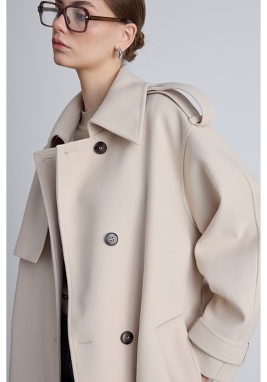 Apolet Detaylı Kaşe Kaban Bej