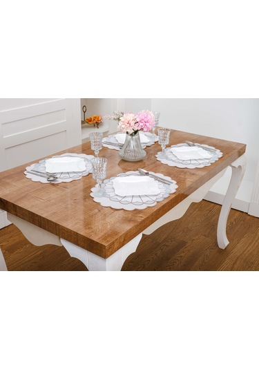 Finezza Mila Nakışlı Keten Efekt Kumaş Krem Mavi A.Servis 345x45 cm 4 Ad.-1394 Krem