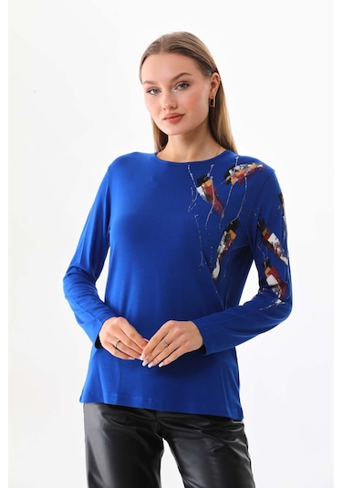 Sistas Kadın Desenli Bisiklet Yaka Uzun Kol Bluz 23598 Saks
