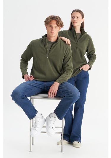 Erkek Hakı Anti-pilling Tüylenme Yapmayan Standart Fit Dik Yaka Polar Sweatshirt Haki