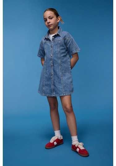 DeFacto Kız Çocuk Gömlek Yaka Kısa Kollu Pamuklu Yazlık Jean Elbise E1762A825SMNM39