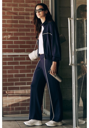 Koyu Mor Yumuşak Dokulu Dik Yaka Oversize Lastikli Kadın Eşofman Takım - 95349 Koyu Mor