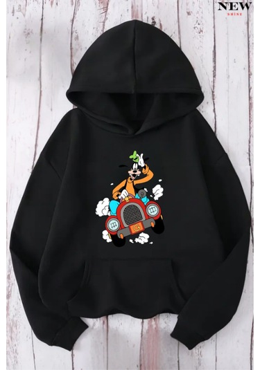 Arabalı Goffy Baskılı Sweatshirt Siyah