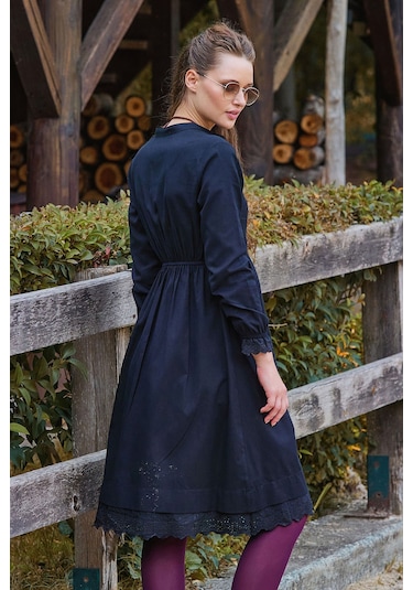 Hakim Yaka Beli Lastikli Dantelli Kışlık Elbise Siyah