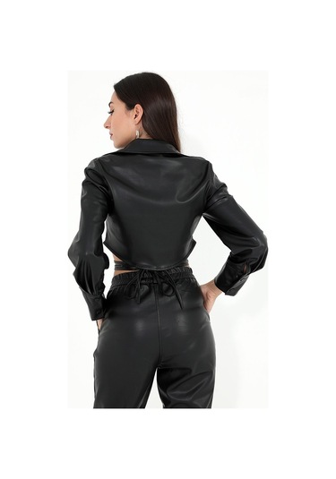 İçi Kadife Bağcıklı Kadın Kısa Deri Gömlek - Siyah-siyah Siyah