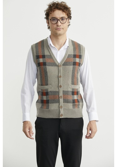 Düğmeli Yünlü Kalın Triko Yelek - Vizon Vizon