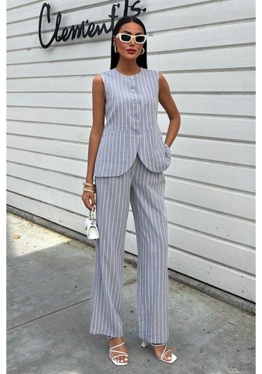 Çizgili Viscon Keten Yelekli Rahat Takım 10121 Gri