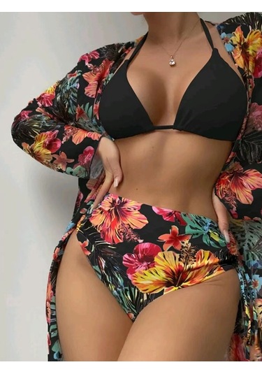 Bölünme Bikini Baskılı İpli Yüksek Bel Mayo Siyah