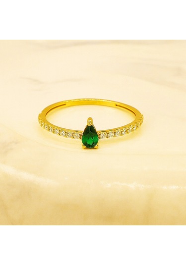 14 Ayar Altın Yeşil Zümrüt Taşlı Minimal Yüzük 14 Ayar Altın