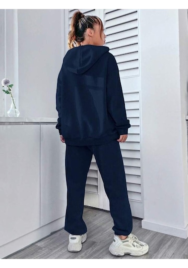 Happiness Eşofman Takımı Sweatshirt Jogger - Lacivert Baskılı Oversize Şardonlu Kapüşonlu Lacivert