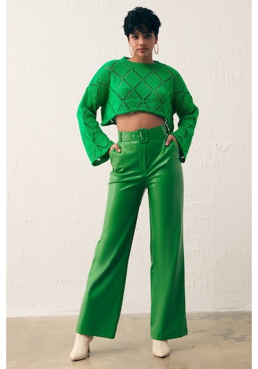 Sateen Ajurlu Crop Triko - Yeşil-132235 Yeşil