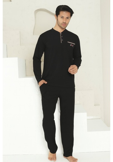 Erkek Siyah Bisiklet Yaka 3 Düğmeli Göğüs Cepli Pamuk Likra Mevsimlik Uzun Kol Cepli Pijama Takımı Siyah