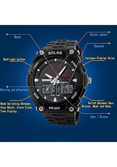 Erkekler Güneş Enerjili Sıradan Kuvars İzle Dijital Ve Analog Çok Fonksiyonlu Spor Saati Siyah Siyah