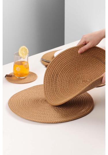 6 Adet Jüt Supla / Amerikan Servis Lux Sunum Tabak Altlığı, Sunum Supla Çeyiz Takımı Örgü Tabak Altı Yanmaz Bej