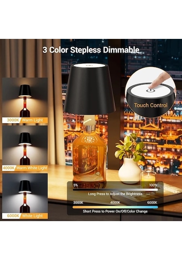 Honeybeeshop Şarj Edilebilir Kablosuz Şişe Lambası Siyah 3 Renk Sıcaklığı Ofis Mobilyaları İçin Masa Lambası Çeşitli Şişelere Uyumlu Siyah