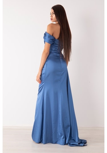 Belamore Indigo Drape Detaylı Saten Kumaş Abiye 9704858.98