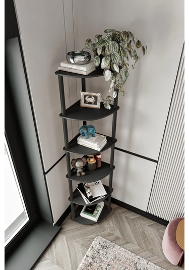6 Katlı Dekoratif Köşe Kitaplık Siyah Siyah