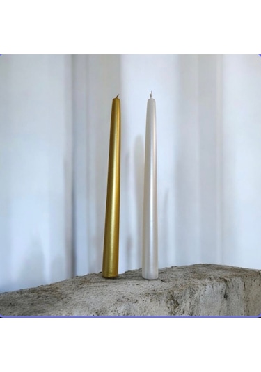 Denic 2 li Metalik Gold ve İnci Beyaz Şamdan Mum Konik Mum