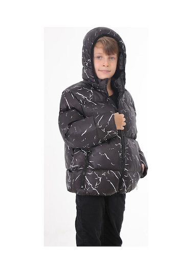 Erkek Çocuk Siyah Çıkabilir Kapüşonlu Su Ve Rüzgar Geçirmez Cepli Kışlık Şişme Mont Siyah
