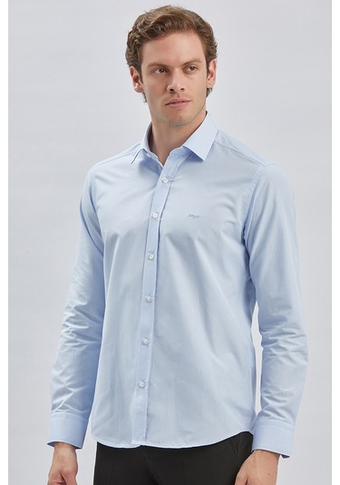 Koyu Mavi Uzun Kollu Bez Ayağı Sert Yaka Cepsiz Pamuklu Klasik Slim Fit Dar Kesim Gömlek 1004240230 Koyu Mavi