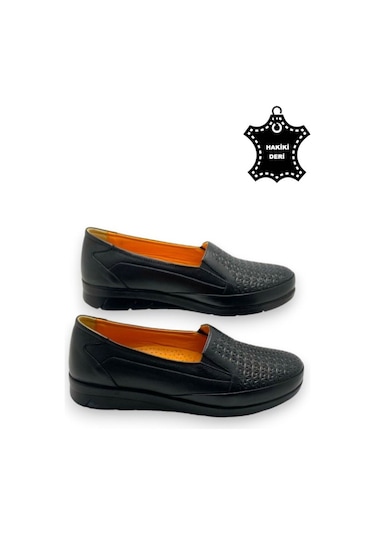 Kadın Taba Hakiki Deri Içi Deri Comfort Tam Ortopedik Anne Ayakka Siyah-baskılı Siyah