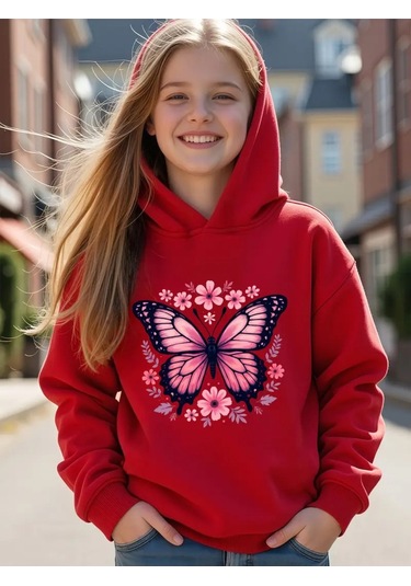 Kışlık Kapüşonlu Sweatshirt, Çocuk Pembe Kelebek Baskılı Kırmızı