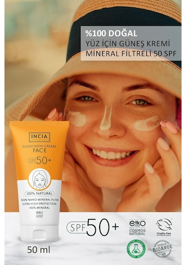 INCIA %100 Doğal Yüz Güneş Kremi Leke Karşıtı Mineral Filtreli Yüksek Koruma SPF 50+ UVA UVB 50 ML