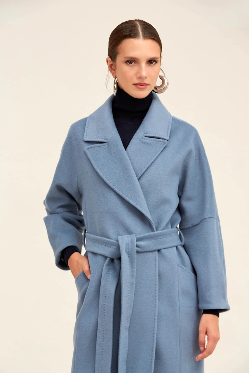 Saykı Woman Mavi Regular Fit Ceket Yaka Kaşe Yünlü Oversize Manto Mavi