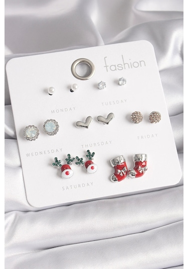 Pirinç Gümüş Renk 7 Çift Zirkon Taşlı Yıl Başı Temalı Kadın Küpe Seti Çok Renkli