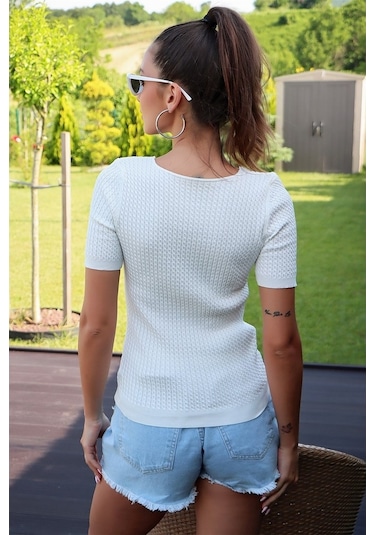 Aqe Fashion V Yaka Kısa Kol Bluz Beyaz-Beyaz