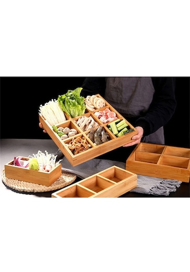 Sones Sıcak Tencere Bambu Tabak Bölmeli Tepsi Sebze Ahşap Tepsi Seti Küçük Dokuz Izgara Tabak