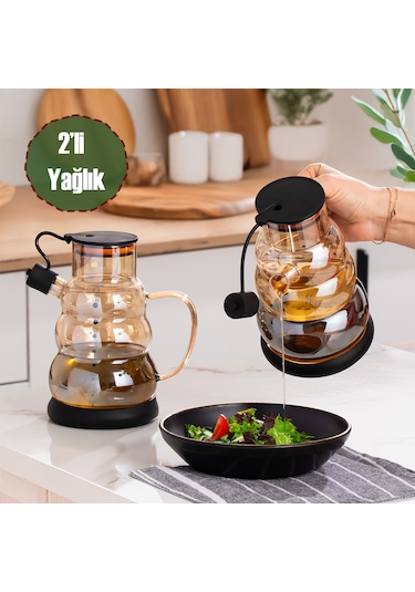 Porsima 3617- 1 Kapaklı Borosilikat Cam 2li Yağlık Sirkelik Seti Yağdanlık Takımı 1000ml Siyah Siyah