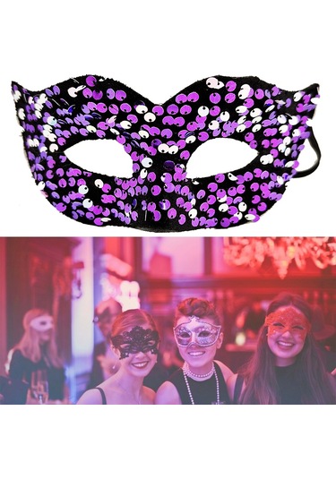 Mor Renk Arkadan Lastikli Pul Payet İşlemeli Balo After Parti Maskesi