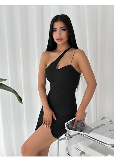 Modazeyosh Moda Zeyosh Asimetrik Astarlı Dabıl Elbise Siyah