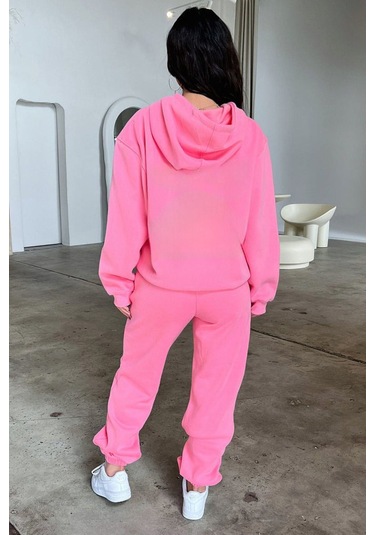 Kelebek Kışlık Eşofman Takımı - Pembe Baskılı Kapüşonlu Oversize Pembe