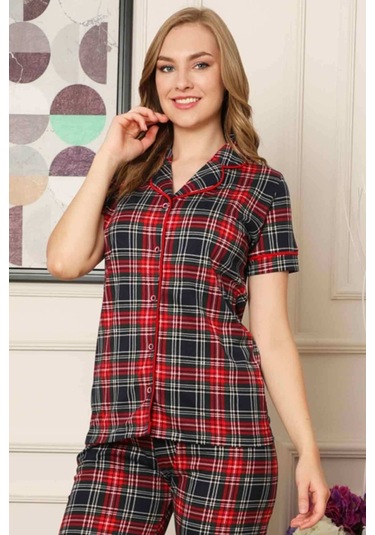 Dreamy Ekoseli Pamuklu Biyeli Kısa Kollu Gömlek Pijama Takımı Siyah Bordo Siyah - Bordo