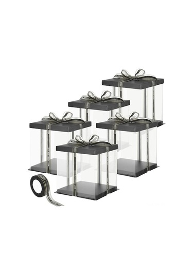 8 İnç Siyah + Şeffaf Plastik Kek Kutusu - Çift Katlı, 5 Adet Paket, Doğum Günü Kekleri İçin Taşıma Kutusu Siyah Siyah