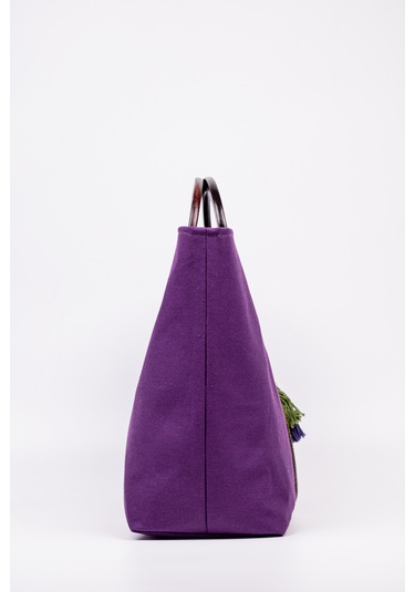 Fabric Craft Bag El Çantası Duck Kumaş Ahşap Saplı Mor Mor