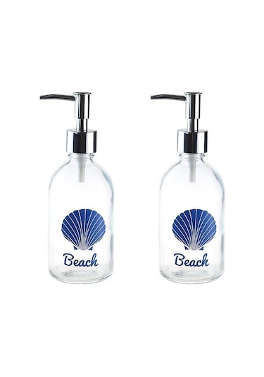 Banyo Seti Cam Sıvı Sabunluk 2 Adet,plaj Yazılı 6x6x10cm 250ml Şeffaf