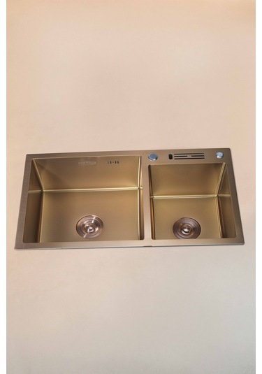 Sun Serisi %100 Krom 82x45 İki Göz Bıçak Yuvalı Paslanmaz Mutfak Eviyesi, Mutfak Lavabosu Bronz
