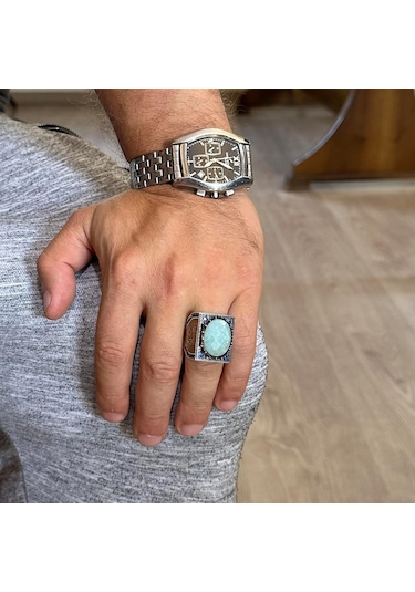 Gerçek Doğal Taş Yüzük - 925 Ayar Gümüş İslami Yüzük - El Yapımı Hat Yüzük Gümüş