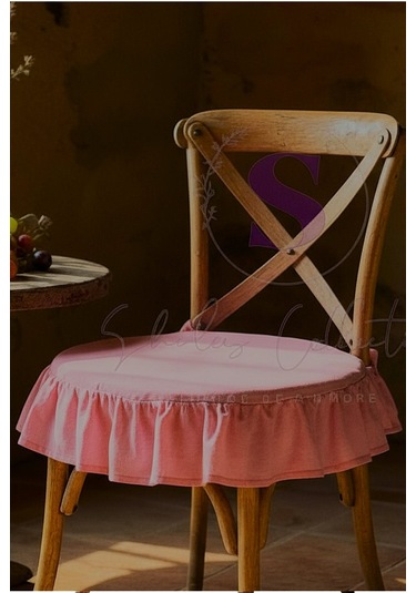 El Yapımı Yuvarlak Buldan Yıkanmıs Keten Fırfırlı Sandalye Minderi Pembe Pembe