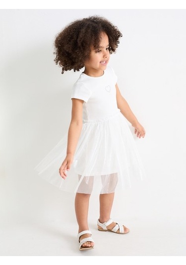 Önü Taşlı Tüllü Kız Çocuk Elbise Beyaz