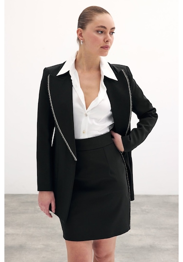 Sateen Aksesuar Şeritli Mini Etek - Siyah-135884 Siyah