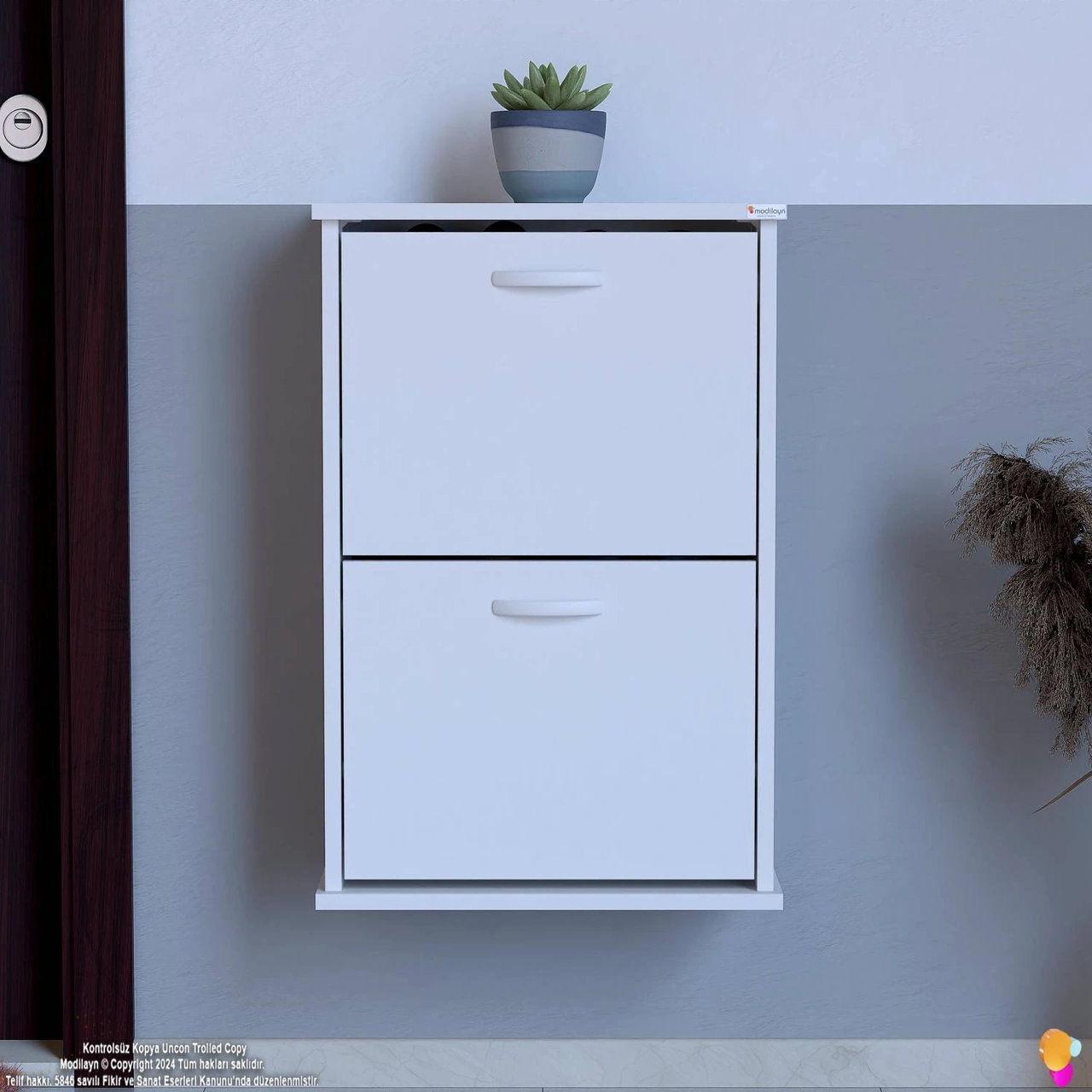 Asaf Beyaz Asma Ayakkabılık Kapı Önü 2 Düşer Kapak 4 Göz Bölmeli Ayakkabılık 52x78x25,5 Cm Beyaz