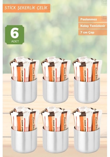 6 Lı Set Şeker Kabı Paslanmaz Stick Şekerlik Çelik İnox 7 Cm Metalik Gri