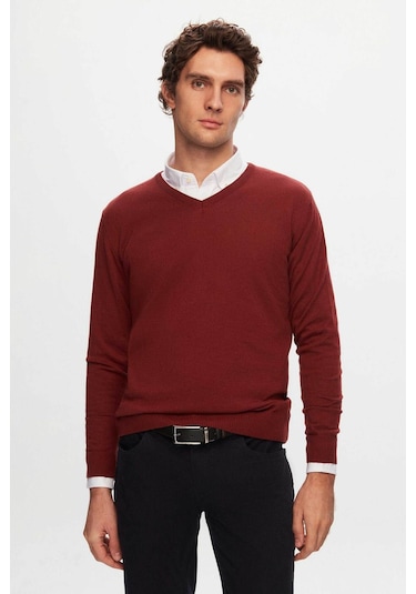 D's Damat Ds Damat Regular Fit Kiremit Düz V Yaka Triko Kazak 5HF06ORT12003 Kiremit