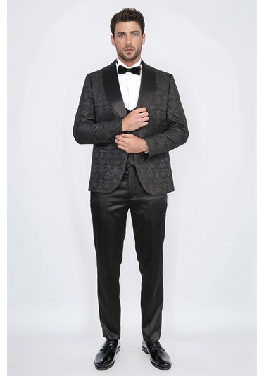 Dalgalı Desenli S Al Yaka Yelekli Siyah Smokin - Wessi Siyah