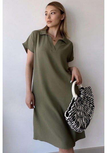 Kadın Haki Kısa Kol, Polo Yaka, Dokulu Desen, Basic Kalıp/kesim, Aerobin Rahat Midi Elbise Haki