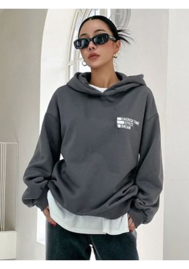 Clayes Effect Sweatshirt - Füme Baskılı Oversize Kapüşonlu Gri